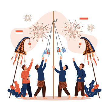 People celebrating Indonesian Independence Day with a Panjat Pinang game trying to climb a pole to get prizes.