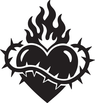 A black and white illustration of the Sacred Heart of Jesus, depicted as a flaming heart encircled by a crown of thorns.