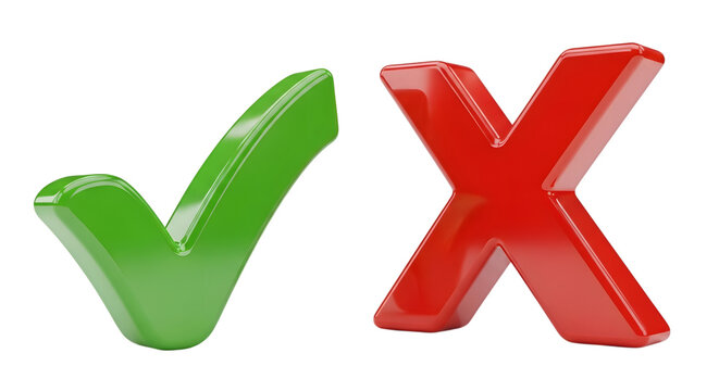 Green check mark and red x isolated on transparent background