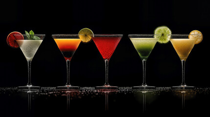 Colorful drinks are lined up on a bar