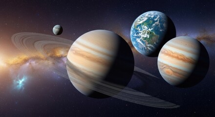 A vibrant view of planets ringed giants, a blue world, and smaller bodies in space