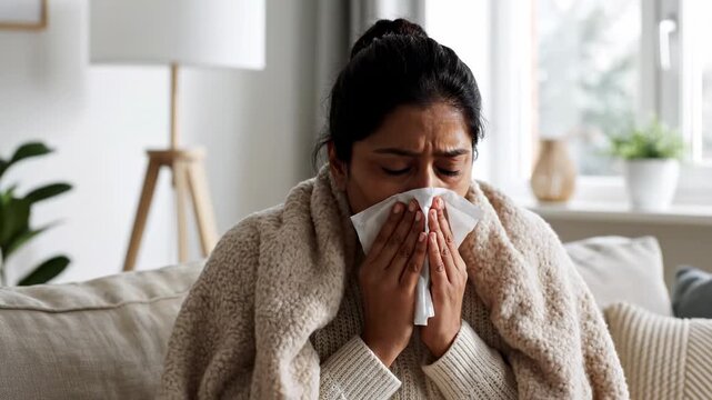 Unwell indian woman wrapped in a blanket suffering from a cold and flu, sneezing into a paper tissue while sitting on the sofa in her living room, showing symptoms of illness and seasonal allergies