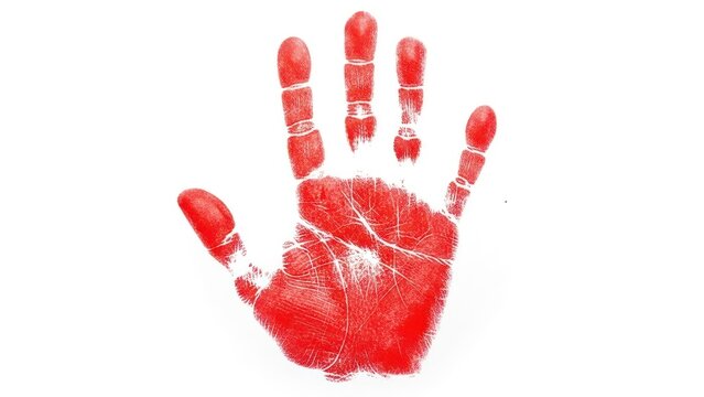 A vivid red human handprint with visible palm lines and finger details on a clean white background - Powered by Adobe
