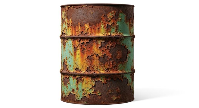 A weathered, heavily rusted metal barrel with peeling green paint against a white background - Powered by Adobe