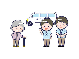 介護／送迎／笑顔の介護士と通所者