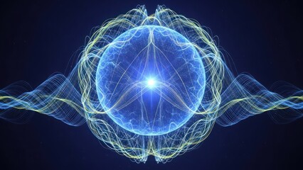Abstract blue energy sphere with intricate yellow and blue radiating light waves