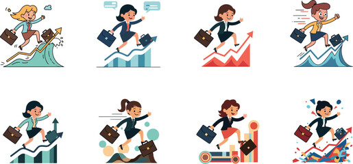 Businesswoman Climbing Up Rising Success Graph Vector Illustration - Business Growth, Progress, Achievement, and Financial Goal Concept
