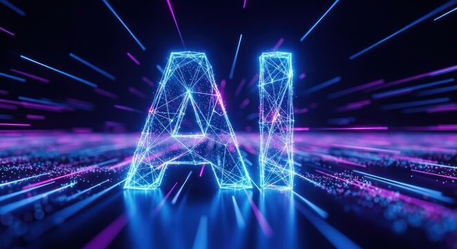 Abstract glowing AI text rendered with a futuristic wireframe and digital light trails
