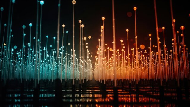 Abstract field of numerous glowing blue and orange light-poles reflecting on dark surface