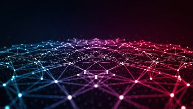 Abstract glowing network mesh with interconnected nodes on a dark background, gradient colors