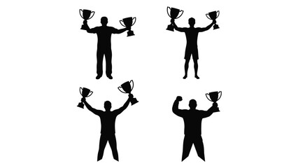 Silhouettes of victorious people celebrating success, holding two trophies, symbolizing achievement and triumph