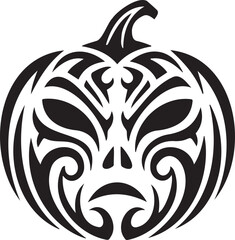 Fototapeta premium A black and white illustration of a pumpkin with a tribal-inspired carved face, suitable for a tattoo or graphic design.