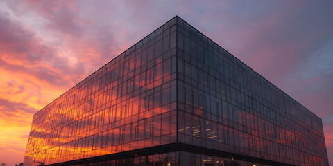 Glass cube building reflecting vibrant sunset sky