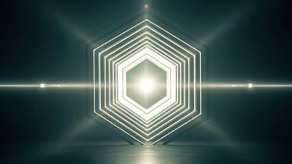 Abstract tunnel of concentric glowing hexagons with bright light and lens flares