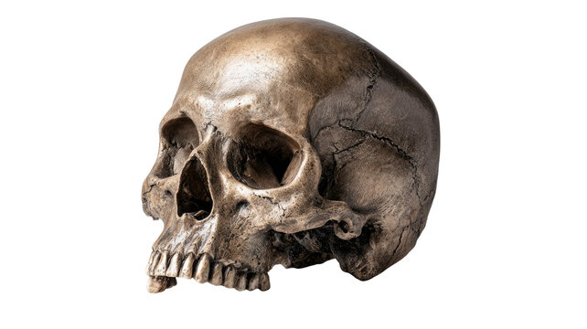  Human skull with detailed bone structure showing realistic anatomical features and strong shading textures clearly visible isolated on white background