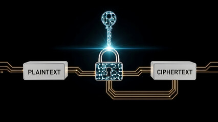 AES encryption concept with advanced data security, symmetric key algorithm, secure information protection and cybersecurity technology background
