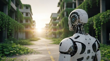 Fototapeta premium AI robot observes a desolate, vine-covered ruined city street at a glowing sunrise