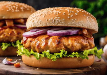 Chicken hamburger on a wooden table