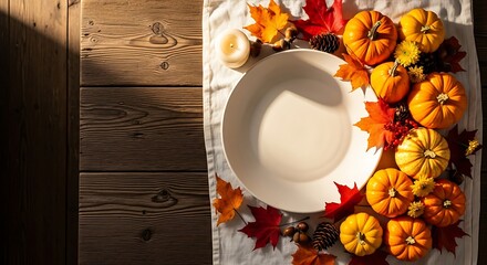 Cinematic overhead shot an empty plate set for a cozy Thanksgiving meal, surrounded by vibrant autumn leaves, mini pumpkins, and festive seasonal decor
