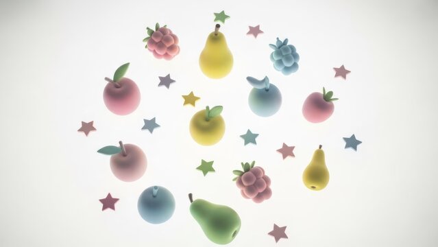Assortment of pastel 3D fruits and stars, circularly arranged on a white background - Powered by Adobe