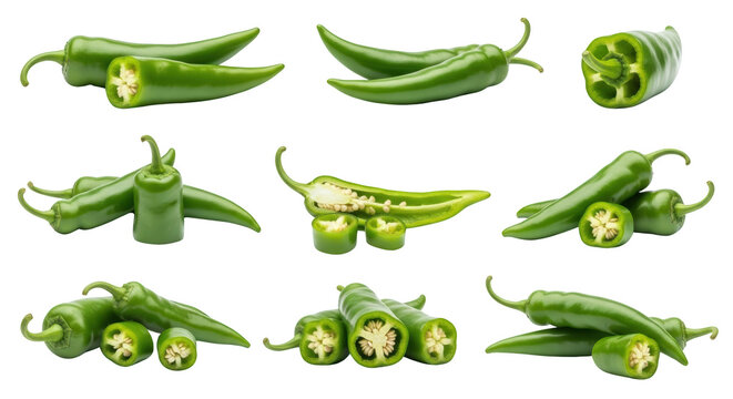 Detailed representation of collection of fresh green chili peppers whole and sliced isolated on white background