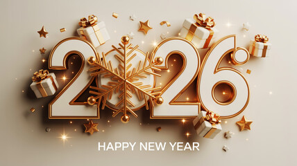 Elegant 2026 new year celebration with gifts and snowflakes