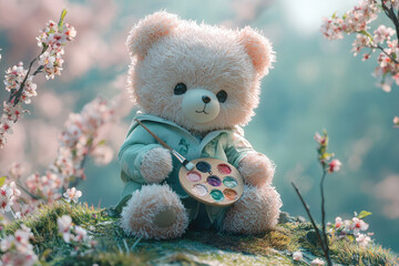 A fluffy teddy bear artist with a paint palette and brush sits among delicate cherry blossoms in a whimsical spring garden.