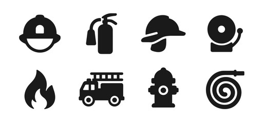 Plakat Firefighting icon collection in black. Set includes firefighter helmet, fire extinguisher, safety helmet, alarm bell, flame, fire truck, hydrant, and fire hose