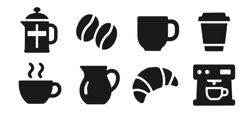 Coffee and cafe icon collection in black. Includes french press, coffee beans, mug, takeaway cup, hot cup, milk jug, croissant and coffee machine