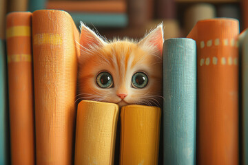A charming orange kitten with huge, sparkling blue eyes peeks adorably from a vibrant bookshelf, nestled amongst colorful, textured books. Sweet.
