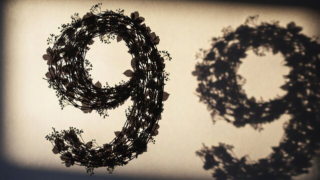 Abstract number 9 made of floating black particle clusters on beige background