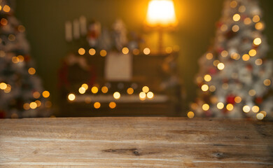 Wooden table and Christmas lights in background