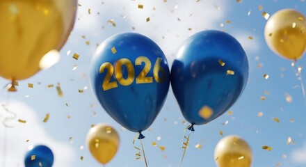 Blue and gold balloons with '2026' soar amidst falling confetti against a bright sky