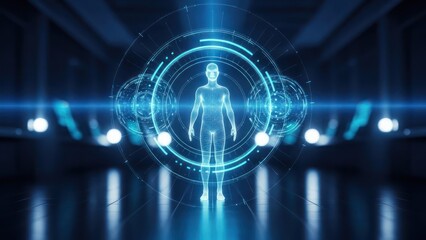 Blue digital human hologram with glowing interface in a dark, high-tech environment
