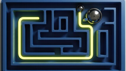 Blue maze board with two silver balls; a glowing yellow path highlights the solution