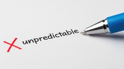 Fototapeta premium Blue pen marking a red X next to the word 'unpredictable' on white paper