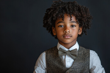 A compelling portrait of a stylish young boy with curly hair, wearing a tweed vest and bow tie, looking directly.
