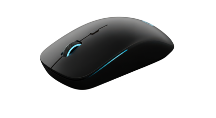 Black wireless computer mouse with blue accent light isolated on white background