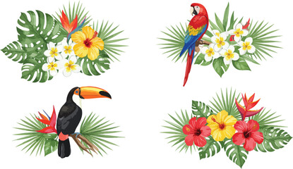 Naklejka premium Vibrant tropical bird and flower arrangements featuring a scarlet macaw and a toucan surrounded by lush greenery and exotic blooms