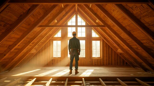 Construction worker standing in a warm sunlit attic framed by wooden beams as golden light fills the unfinished interior creating a bright rustic workspace