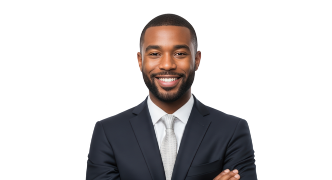 Confident african american businessman smiling captured artistically highlighting man, businessman, african ideal for media content, commercial - Powered by Adobe