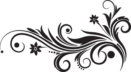 Elegant black floral flourish design with swirling vines and small blossoms on a white background