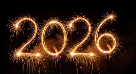 Bright, fiery '2026' formed by glowing light trails and sparks on a dark background