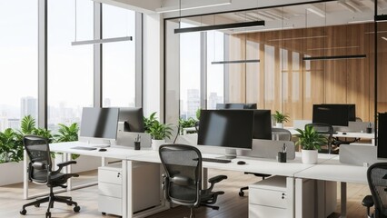 Bright, modern open office featuring multiple desks, monitors, chairs, plants, and city views