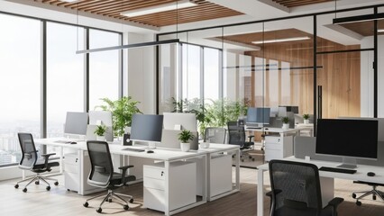 Bright, modern open-plan office with many empty computer workstations and city views