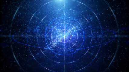 Abstract blue digital energy vortex with concentric circles and stars