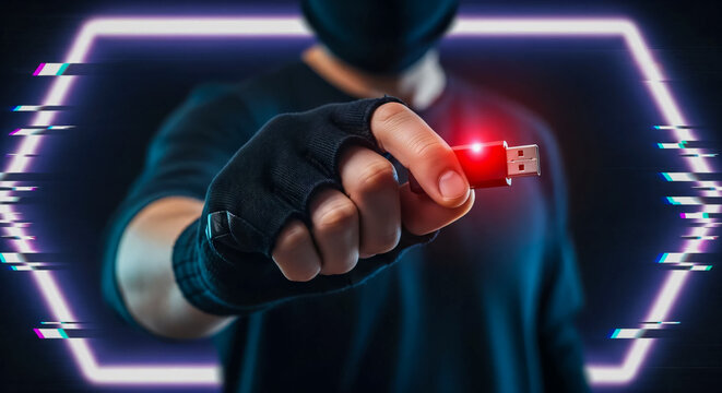 Close-up of a masked hacker holding a USB drive with glowing red light