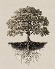 Detailed tree with visible roots, symbolizing a genealogy tree, elegant and artistic, perfect for family history visualization.