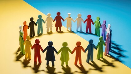 Bright paper cut-out people, diverse colors, form a unity circle on a split background