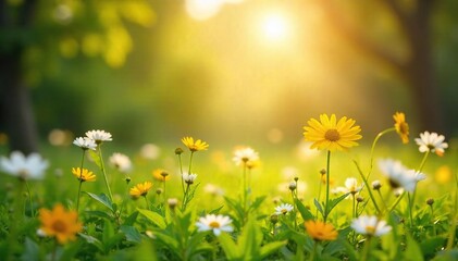 Sun-dappled Wildflowers Idyllic Summer Meadow Landscape, Peaceful Serenity and Joy